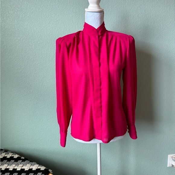 Vintage Fuscia Sheer Button Up Top Size L - Picture 1 of 9